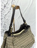 FENDI HOBO SHOULDER BAG IN BEIGE CANVAS WITH DARK BROWN LEATHER