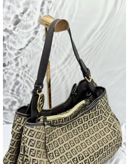 FENDI HOBO SHOULDER BAG IN BEIGE CANVAS WITH DARK BROWN LEATHER