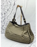 FENDI HOBO SHOULDER BAG IN BEIGE CANVAS WITH DARK BROWN LEATHER