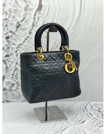 CHRISTIAN DIOR VINTAGE MEDIUM LADY DIOR IN DARK BLUE LAMBSKIN LEATHER