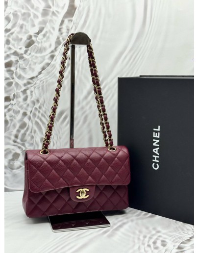 (UNUSED) 2025 MICROCHIP CHANEL SMALL CLASSIC DOUBLE FLAP BAG IN BURGUNDY CAVIAR LEATHER -FULL SET-