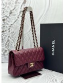 (UNUSED) 2025 MICROCHIP CHANEL SMALL CLASSIC DOUBLE FLAP BAG IN BURGUNDY CAVIAR LEATHER -FULL SET-