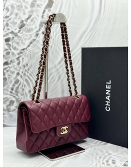 (UNUSED) 2025 MICROCHIP CHANEL SMALL CLASSIC DOUBLE FLAP BAG IN BURGUNDY CAVIAR LEATHER -FULL SET-