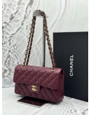 (UNUSED) 2025 MICROCHIP CHANEL SMALL CLASSIC DOUBLE FLAP BAG IN BURGUNDY CAVIAR LEATHER -FULL SET-
