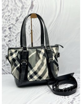 (RAYA PROMO) BURBERRY LOWRY HOBO SHOULDER BAG IN BLACK BEAT CHECK NYLON WITH PATENT LEATHER