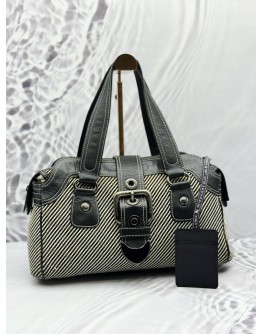 (RAYA PROMO) BURBERRY BLUE LABEL HANDBAG IN BLACK AND WHITE WOVEN FABRIC WITH BLACK LEATHER