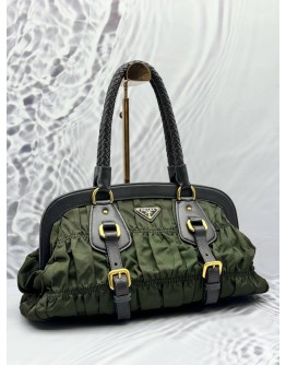 (RAYA PROMO) PRADA GAUFRE BRAIDED TOTE BAG IN OLIVE GREEN NYLON WITH DARK BROWN LEATHER