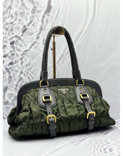 (RAYA PROMO) PRADA GAUFRE BRAIDED TOTE BAG IN OLIVE GREEN NYLON WITH DARK BROWN LEATHER