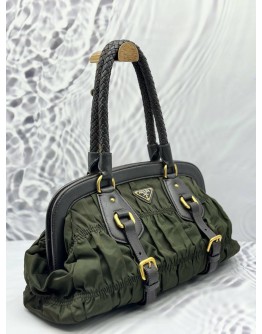 (RAYA PROMO) PRADA GAUFRE BRAIDED TOTE BAG IN OLIVE GREEN NYLON WITH DARK BROWN LEATHER