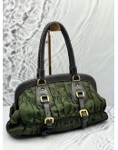 (RAYA PROMO) PRADA GAUFRE BRAIDED TOTE BAG IN OLIVE GREEN NYLON WITH DARK BROWN LEATHER
