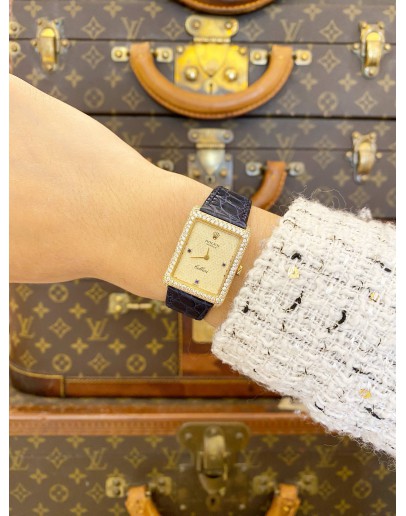 (LIKE NEW) ROLEX CELLINI 18K 750 YELLOW GOLD FACTORY DIAMOND 3/6/9 BLUE SAPPHIRE INDICES REF 4930 GOLD TEXTURED DIAL 33MM X 24MM MANUAL WINDING WATCH