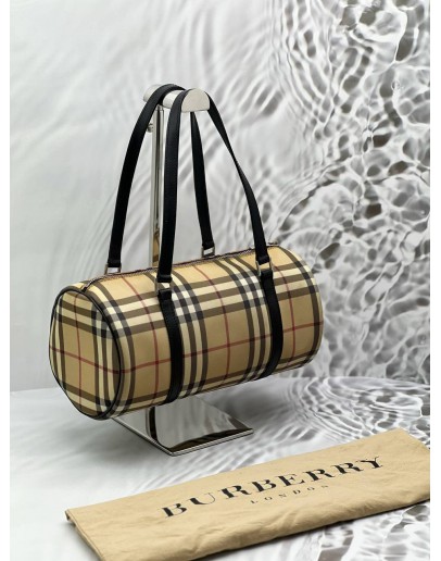 BURBERRY PAPILLON HANDBAG IN BEIGE NOVA CHECK CANVAS WITH BLACK LEATHER