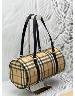 BURBERRY PAPILLON HANDBAG IN BEIGE NOVA CHECK CANVAS WITH BLACK LEATHER