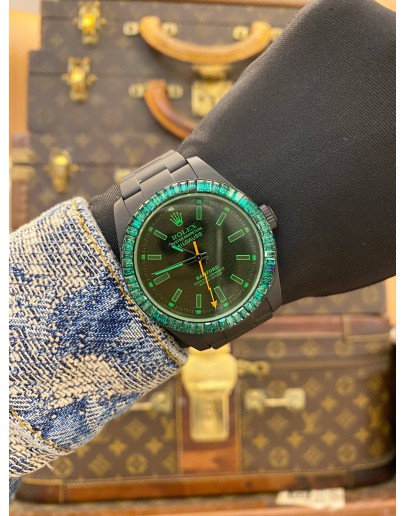 (UNUSED) ROLEX MILGAUSS BAMFORD LIMITED EDITION 100PCS WORLDWIDE REF 116400 EMERALD GEMSTONE BAGUETTE BEZEL BLACK DIAL 40MM AUTOMATIC WATCH