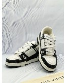 (CNY SALE) LOUIS VUITTON TRAINER SNEAKERS SIZE 39 IN BLACK WITH WHITE MONOGRAM DENIM AND WHITE MONOGRAM EMBOSSED LEATHER