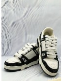 (CNY SALE) LOUIS VUITTON TRAINER SNEAKERS SIZE 39 IN BLACK WITH WHITE MONOGRAM DENIM AND WHITE MONOGRAM EMBOSSED LEATHER