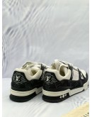 (CNY SALE) LOUIS VUITTON TRAINER SNEAKERS SIZE 39 IN BLACK WITH WHITE MONOGRAM DENIM AND WHITE MONOGRAM EMBOSSED LEATHER