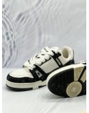 (CNY SALE) LOUIS VUITTON TRAINER SNEAKERS SIZE 39 IN BLACK WITH WHITE MONOGRAM DENIM AND WHITE MONOGRAM EMBOSSED LEATHER