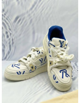 (CNY SALE) LOUIS VUITTON TRAINER SNEAKERS SIZE 5 IN WHITE WITH BLUE LEATHER