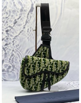 (CNY PROMO) CHRISTIAN DIOR SADDLE IN GREEN OBLIQUE TAPESTRY WITH BLACK LEATHER