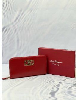 (CNY PROMO) (UNUSED) SALVATORE FERRAGAMO GANCINI ZIP AROUND LONG WALLET IN RED LEATHER