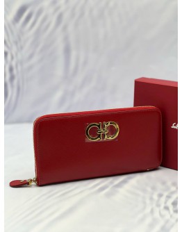 (CNY PROMO) (UNUSED) SALVATORE FERRAGAMO GANCINI ZIP AROUND LONG WALLET IN RED LEATHER
