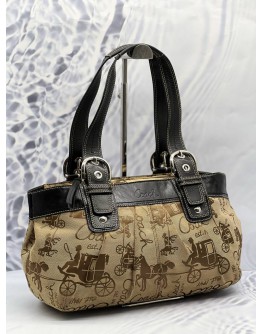 (CLEAR STOCK) COACH SOHO OPTIC HORSE AND CARRIAGE SHOULDER BAG IN KHAKI CANVAS WITH BLACK LEATHER