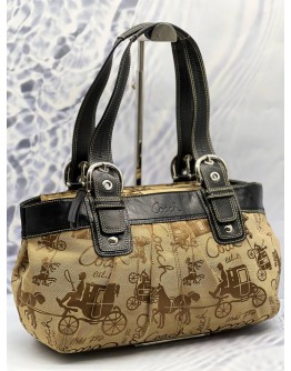 (CLEAR STOCK) COACH SOHO OPTIC HORSE AND CARRIAGE SHOULDER BAG IN KHAKI CANVAS WITH BLACK LEATHER