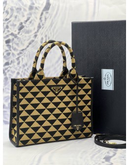 (CNY PROMO) (LIKE NEW) PRADA SYMBOLE TOTE BAG IN BLACK WITH TAN EMBROIDERED FABRIC