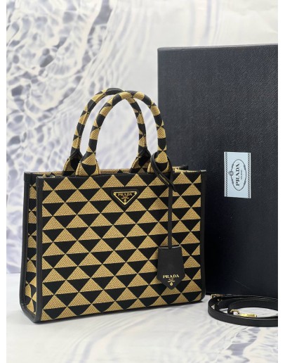 (CNY PROMO) (LIKE NEW) PRADA SYMBOLE TOTE BAG IN BLACK WITH TAN EMBROIDERED FABRIC