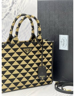 (CNY PROMO) (LIKE NEW) PRADA SYMBOLE TOTE BAG IN BLACK WITH TAN EMBROIDERED FABRIC