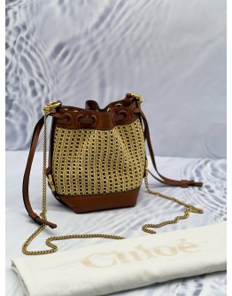 (CNY PROMO) (LIKE NEW) CHLOE MARCIE MICRO RAFFIA BUCKET BAG IN BEIGE WOVEN WITH BROWN LEATHER