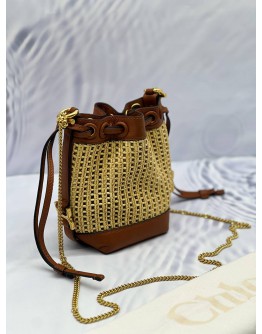 (CNY PROMO) (LIKE NEW) CHLOE MARCIE MICRO RAFFIA BUCKET BAG IN BEIGE WOVEN WITH BROWN LEATHER