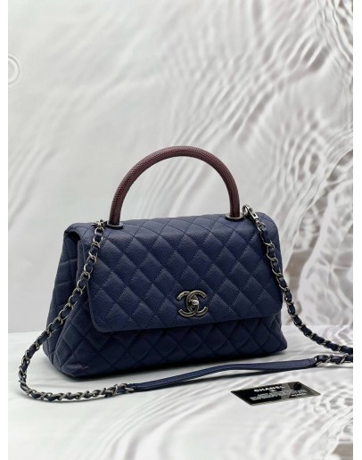 (CNY PROMO) (LIKE NEW) CHANEL COCO MEDIUM TOP HANDLE BAG WITH LIZARD HANDLE IN BLUE CAVIAR LEATHER 