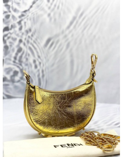 FENDI NANO FENDIGRAPHY HOBO BAG IN METALLIC GOLD AGED CALFSKIN LEATHER 