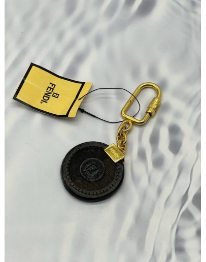FENDI STAMP KEYCHAIN IN BLACK WITH BROWN AND LEATHER WITH CANVAS