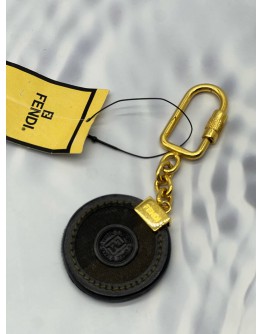 FENDI STAMP KEYCHAIN IN BLACK WITH BROWN AND LEATHER WITH CANVAS