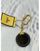 FENDI STAMP KEYCHAIN IN BLACK WITH BROWN AND LEATHER WITH CANVAS