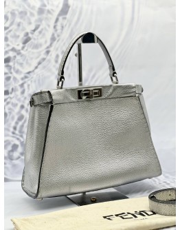 FENDI PEEKABOO SELLERIA TOP HANDLE AND SHOULDER BAG IN METALLIC SILVER LEATHER 