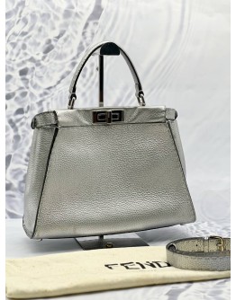 FENDI PEEKABOO SELLERIA TOP HANDLE AND SHOULDER BAG IN METALLIC SILVER LEATHER 