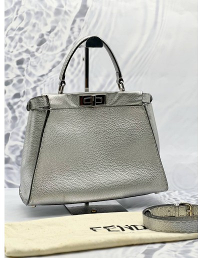 FENDI PEEKABOO SELLERIA TOP HANDLE AND SHOULDER BAG IN METALLIC SILVER LEATHER 