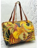 SALVATORE FERRAGAMO BOSTON BAG IN BOTANICAL PRINTED CANVAS WITH BROWN CALFSKIN LEATHER