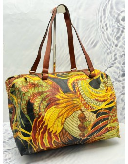 SALVATORE FERRAGAMO BOSTON BAG IN BOTANICAL PRINTED CANVAS WITH BROWN CALFSKIN LEATHER