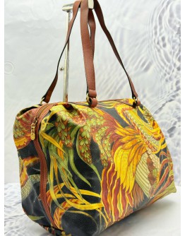 SALVATORE FERRAGAMO BOSTON BAG IN BOTANICAL PRINTED CANVAS WITH BROWN CALFSKIN LEATHER