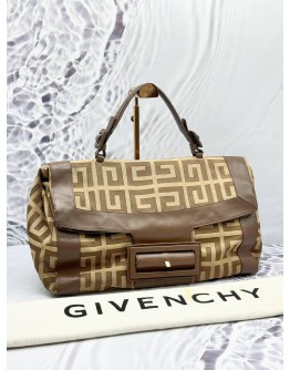 GIVENCHY 4G LOGO PATTERN HANDBAG IN BEIGE CANVAS WITH BROWN LEATHER