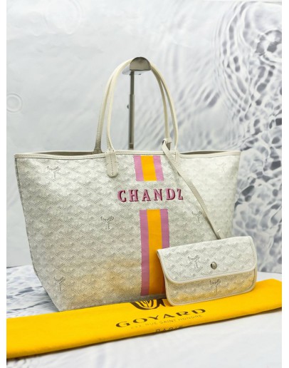 GOYARD SAINT LOUIS PM STRIPES AND INITIALS TOTE SHOULDER BAG IN WHITE GOYARDINE CANVAS WITH CHEVROCHES CALFSKIN LEATHER