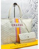 GOYARD SAINT LOUIS PM STRIPES AND INITIALS TOTE SHOULDER BAG IN WHITE GOYARDINE CANVAS WITH CHEVROCHES CALFSKIN LEATHER