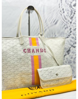 GOYARD SAINT LOUIS PM STRIPES AND INITIALS TOTE SHOULDER BAG IN WHITE GOYARDINE CANVAS WITH CHEVROCHES CALFSKIN LEATHER