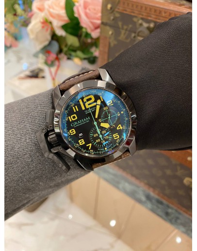 2022 GRAHAM CHRONOFIGHTER OVERSIZE REF 2CCAU.B09A GREEN FLASH DIAL WITH YELLOW ARABIC NUMERALS 47MM AUTOMATIC WATCH