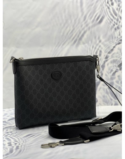(LIKE NEW) GUCCI INTERLOCKING G POUCH AND CROSSBODY BAG IN BLACK GG SUPREME CANVAS WITH CALFSKIN LEATHER